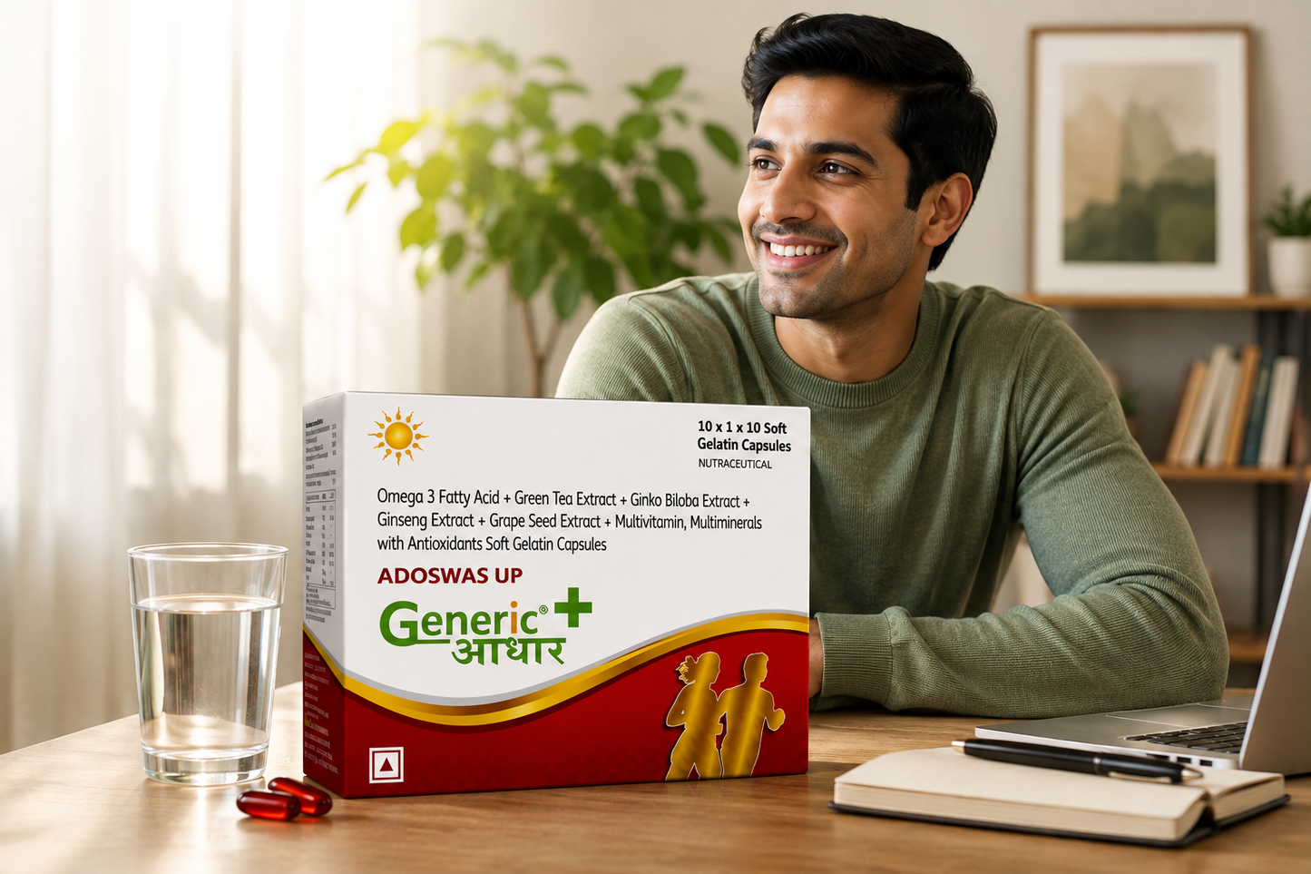 Omega 3 Fatty Acid+ Green Tea Extract+ Ginko Biloba Extract + Ginseng Extract + Grape Seed Extract + Multivitamin, Multiminerals with Antioxidants Soft Gelatin Capsules (Adoswas UP)-GA