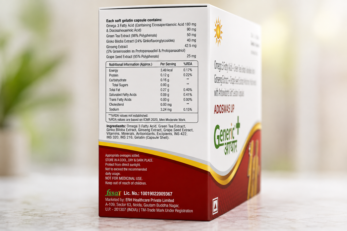 Omega 3 Fatty Acid+ Green Tea Extract+ Ginko Biloba Extract + Ginseng Extract + Grape Seed Extract + Multivitamin, Multiminerals with Antioxidants Soft Gelatin Capsules (Adoswas UP)-GA