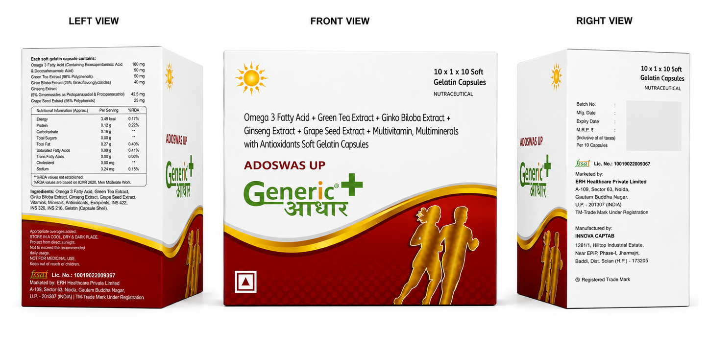 Omega 3 Fatty Acid+ Green Tea Extract+ Ginko Biloba Extract + Ginseng Extract + Grape Seed Extract + Multivitamin, Multiminerals with Antioxidants Soft Gelatin Capsules (Adoswas UP)-GA