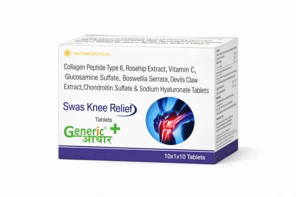 Collagen peptide type-11 40mg+Glucosamine sulphate 750mg +Rose hip ext. 275 mg+ Boswellia Serrata 75mg+Chondroition Sulphatem 200mg + Sodium Hyaluronate 30mg+Devil's Claw Ext.100mg + Vitamin C 35 mg Tabs (Swas Knee Relief)- GA