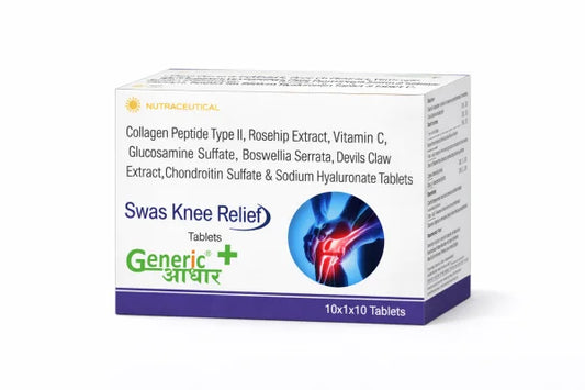 Collagen peptide type-11 40mg+Glucosamine sulphate 750mg +Rose hip ext. 275 mg+ Boswellia Serrata 75mg+Chondroition Sulphatem 200mg + Sodium Hyaluronate 30mg+Devil's Claw Ext.100mg + Vitamin C 35 mg Tabs (Swas Knee Relief)- GA